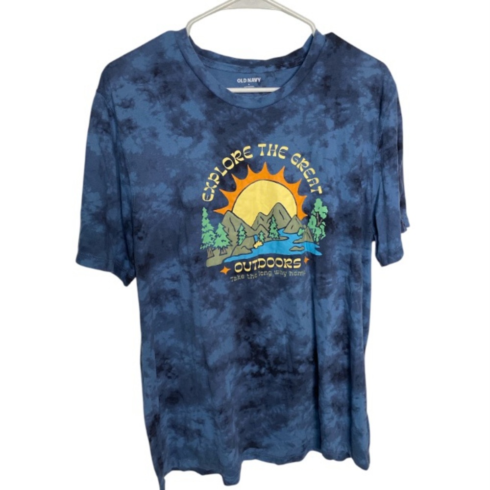 Blue Cotton Short Sleeve Graphic Tee Shirt “Explore the Great Outdoors” Mens L